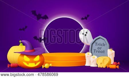 Halloween 3d Poster, Pumpkin Witch, Skull And Candy. Cute Render Ghost And Podium, Happy Party Decor