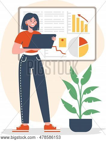 Flat Vector Illustration. A Young Girl Is Holding A Laptop And Giving A Presentation. Business Prese