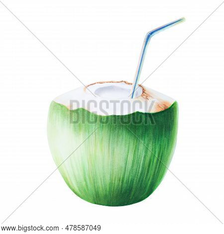 Watercolor Illustration Of Green Coconut With Blue Tube For Drinks. Beach Cocktail With Straw For Co