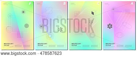 Trendy Abstract Brutalism Poster Set With Minimalistic Geometric Shapes On Gradient Background. Mode