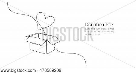 One Continuous Line Drawing Of Donate Box With Heart. Minimalist Concept Of Help Support And Volunte