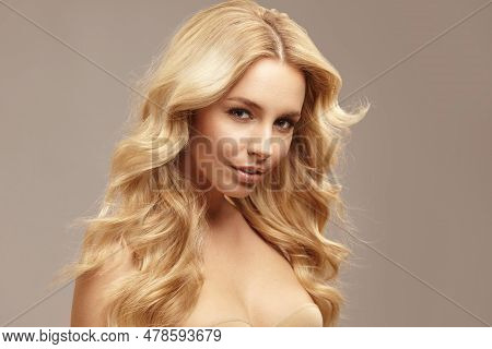 Portrait Of Beauty Caucasian Blond Woman Face Clean Skin Beautiful Female Eyes Lips With Perfect Hea