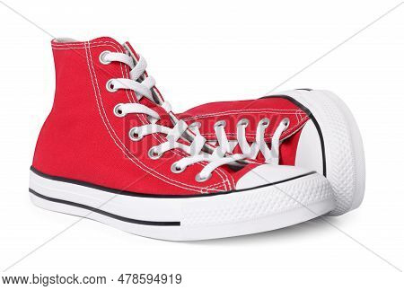 Pair Of New Red Stylish High Top Plimsolls On White Background