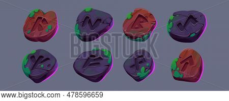 Viking Stone Rune Alphabet For Ui Game Cartoon Vector Set Isolated On Background. Nordic Runic Wood 