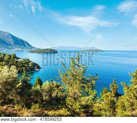 Beautiful Hazy Summer Lefkada Coastline Landscape (nydri, Greece, Ionian Sea).