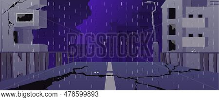 Vector Raining In The Night Ruined City Illustration, Broken Road And Buildings, Ruins, Destruction,