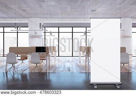 Modern Concrete And Wooden Coworking Office Room Interior With Blank White Mock Up Roll-up Poster, P