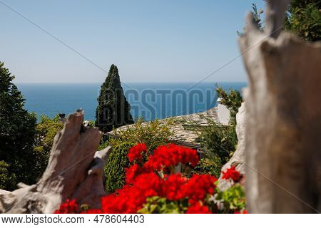 View To Aegean Sea From Monastery Of Archangel Michael On Thassos Or Thasos Greek Island Summer Dest