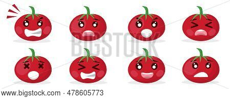 Cute Tomato Cartoon Emoji Set With Different Facial Expressions On The Tomato Shaped Faces. Angry, S