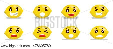 Cute Lemon Cartoon Emoji Set. Different Emoji On The Lemon Shaped Face. Angry, Sad, Dissapointed, La