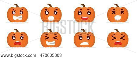 Haunt Halloween Pumpkins Emoji Set With Different Facial Expressions On The Pumpkin Shaped Faces Ang