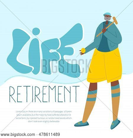 The Happy Elderly Man, Silver Character, Senior Holds The Wooden Croquet Set, Hammer And Bal. Illust