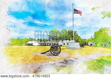 Old Glory And Cannon At Fort Wilkins Historic State Park In Copper Harbor