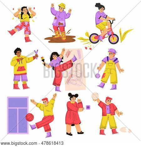 Naughty Children Hooligans Misbehaving Making Mess Vector Set