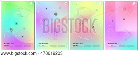 Abstract Brutalism Poster Set With Minimalistic Geometric Linear Planets On Shapes On Gradient Space