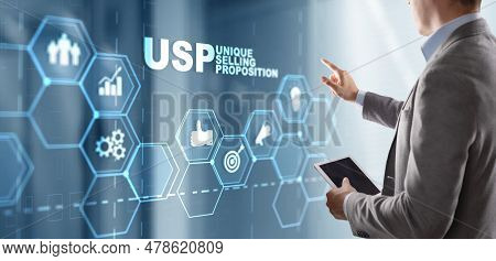 Usp. Inscription Unique Selling Proposition On Virtual Screen. Marketing And Technology Concept