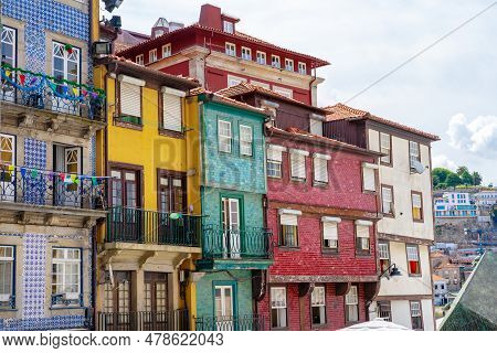 Beautiful Colorful Building Facede In Porto Portugal With Azulejo Tiles