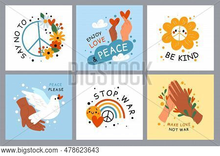Peace Symbols Cards. Different Skin Colors Hands. Love And Freedom. Hippie Floral Signs. Pacificus I