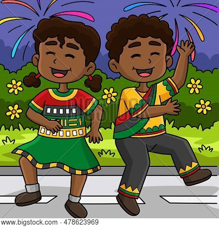 This Cartoon Clipart Shows A Boy And Girl Dancing On Juneteenth Illustration.