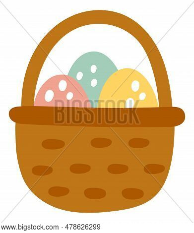 Cute Basket With Easter Patterned Eggs. Spring Holiday Gift