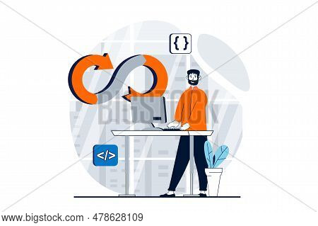 Devops Concept With People Scene In Flat Design For Web. Man Working With Software Development And O