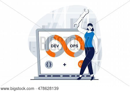 Devops Concept With People Scene In Flat Design For Web. Woman Using Agile Project Management For Op