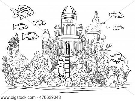 Fairytale Castle By Water.underwater World.simple Line Illustration For Coloring Book Atlantis.color