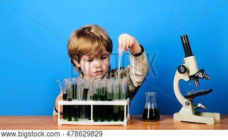 Child Study Biology Chemistry. Educational Experiment. Little Boy Working With Test Tubes And Micros
