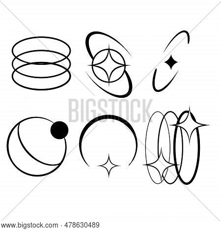 Y2k Stars, Starburst And Retro Futuristic Graphic Set. Collection Of Trendy Brutal Rounded Ring Coll