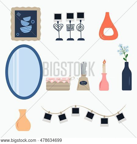 A Set Of Home Things For Comfort, Designer Frames And Vases. Vector Illustration