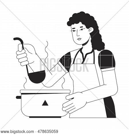Young Girl Make Dinner Flat Line Black White Vector Character