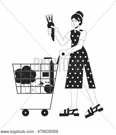 Busy Woman Go Shopping Flat Line Black White Vector Character