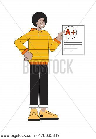 African American Student Show Blank With Mark Flat Line Color Vector Character
