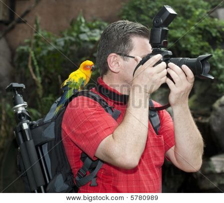 Fotograf med fugl på skulderen