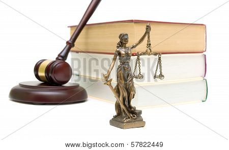 Statue Of Justice, Books And Gavel On White Background