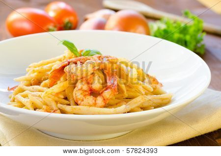 Trofie with shrimp and tomato sauce