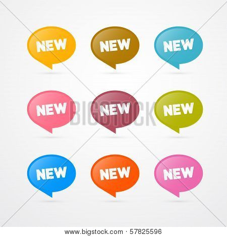 Colorful Vector Stickers With New Title Isolated On Grey Background