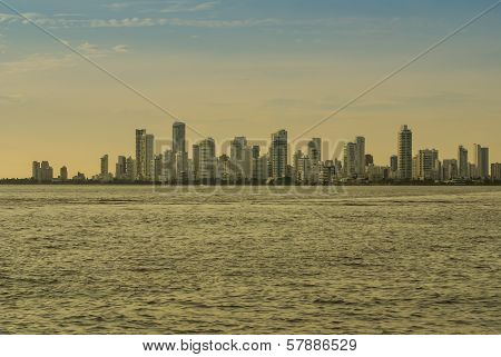 A view of apartment towers forming a white skyline in Cartagena de Indias Colombia