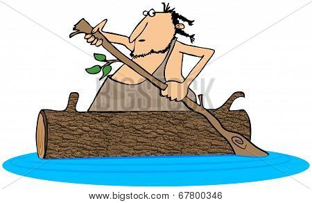 Caveman paddling a log canoe