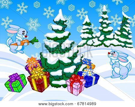 The Winter Cartoon Illustration Of A Christmas Tree And Two Rabbits.
