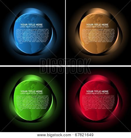 Set of four abstract vector background with colored neon lights, globe and a place for text. 