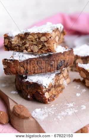 Delicious cake panforte on table close-up