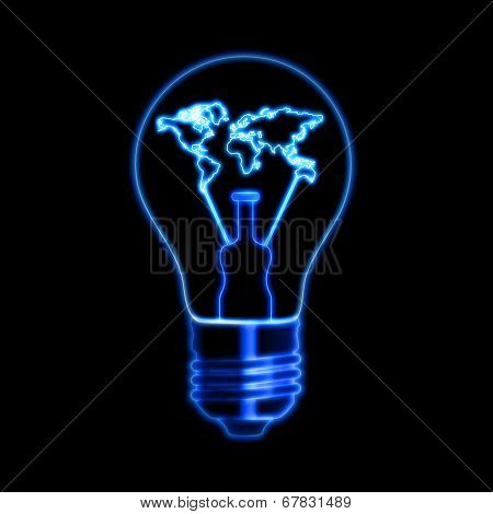 Light Bulb Sign With World Map Over Black Background