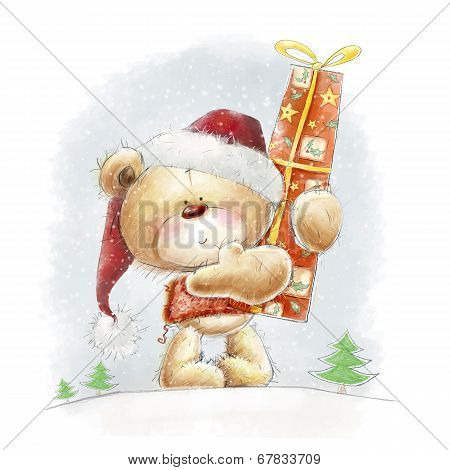 Cute teddy bear with the big red gift in the Santa hat.Christmas greeting card.