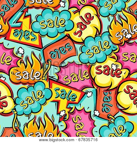 Seamless pattern of sale speech bubbles and labels.