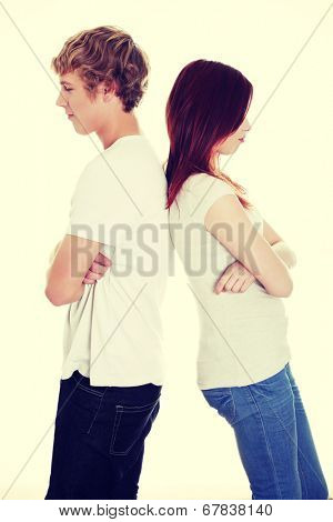 Young couple take offens after quarrel. Friendship or romance relation.
