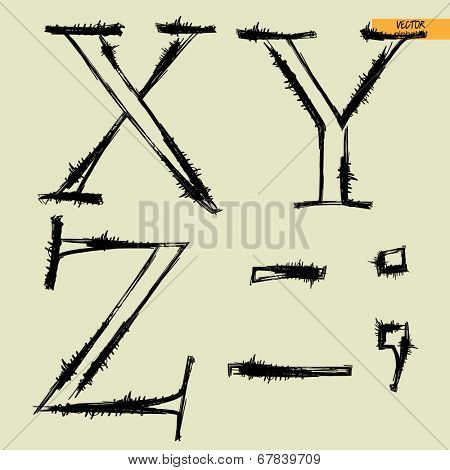 art simple classical alphabet in vector, silhouette black grunge handmade font, letters X, Y, Z and sign point, semicolon and comma, dash and underscore