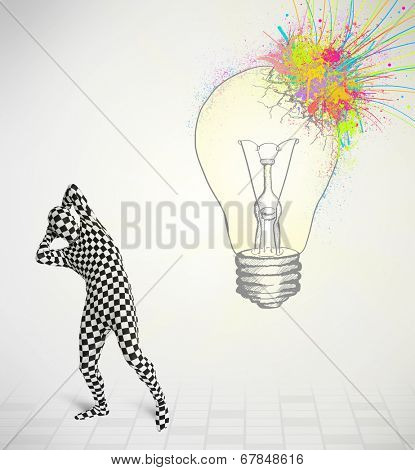 3d human character is body suit morphsuit looking at abstract colorful lightbulb