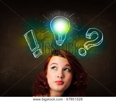 Young preety teenager with hand drawn light bulb illustration