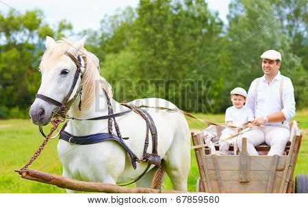 Farmer Family Riding A Horse Cart. Focus On Horse